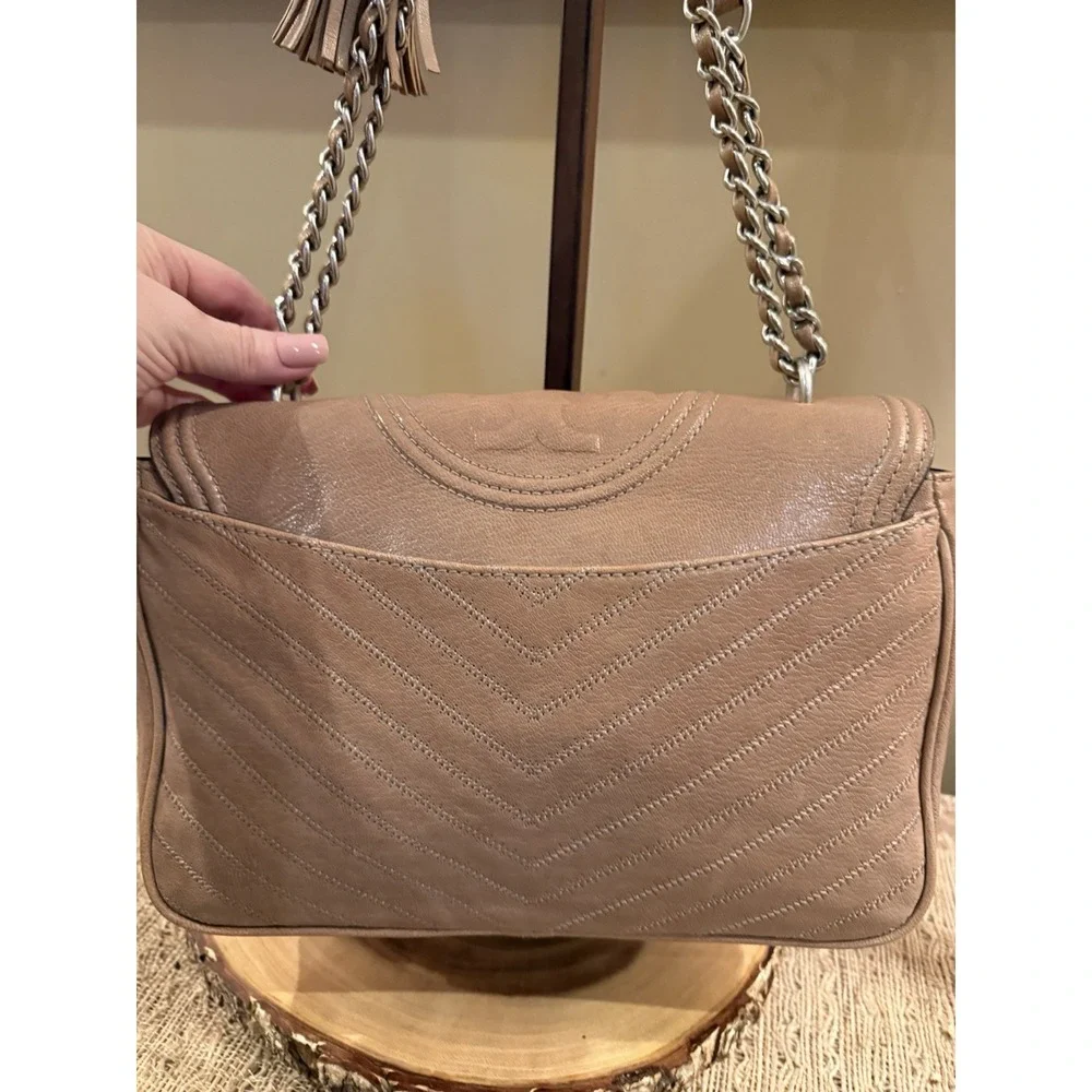 Tory Burch Fleming Distressed Flap, Tassel Shoulder Crossbody Bag Taupe 458$